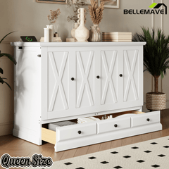 Bellemave® Queen Murphy Bed with Charging Station, Solid Wood Murphy Cabinet Bed with Large Drawers for Living Room, Bedroom, Apartment, White - Bellemave