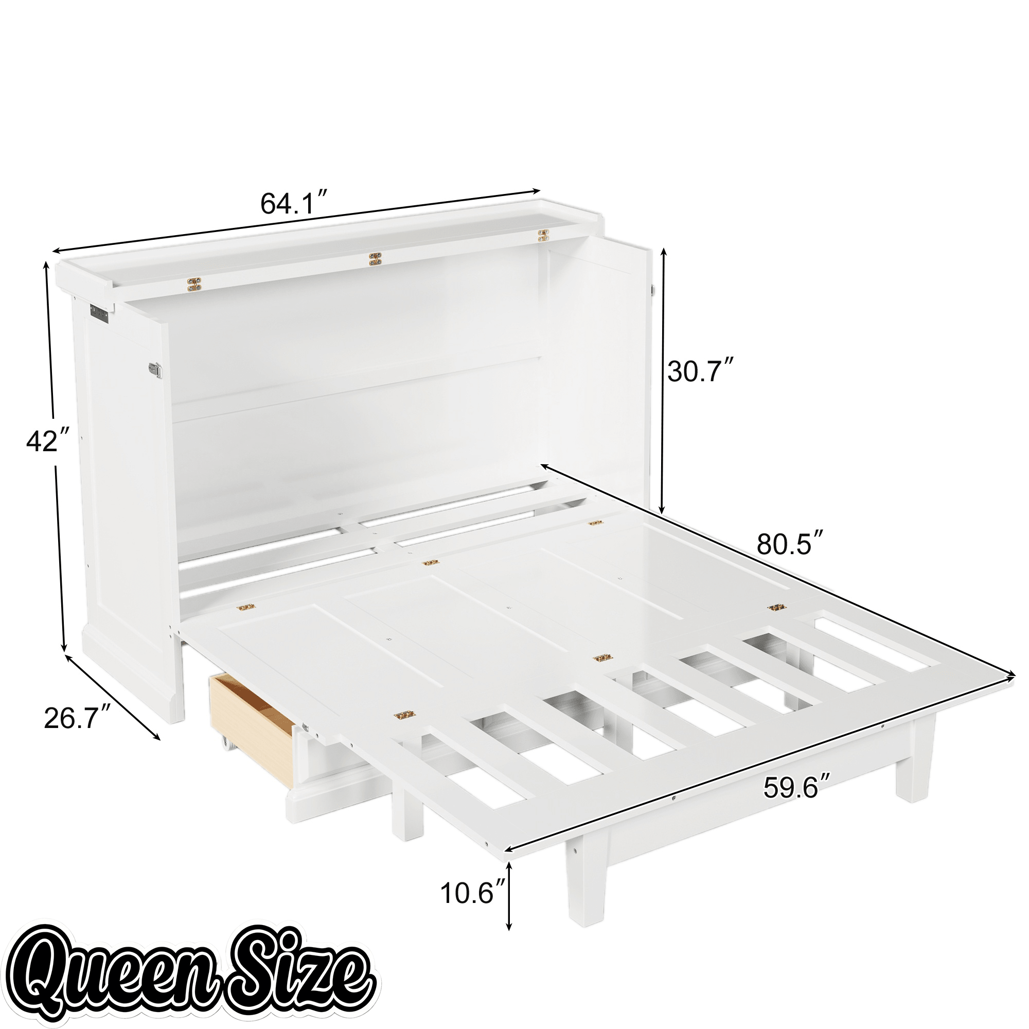 Bellemave® Queen Murphy Bed with Charging Station, Solid Wood Murphy Cabinet Bed with Large Drawers for Living Room, Bedroom, Apartment, White - Bellemave