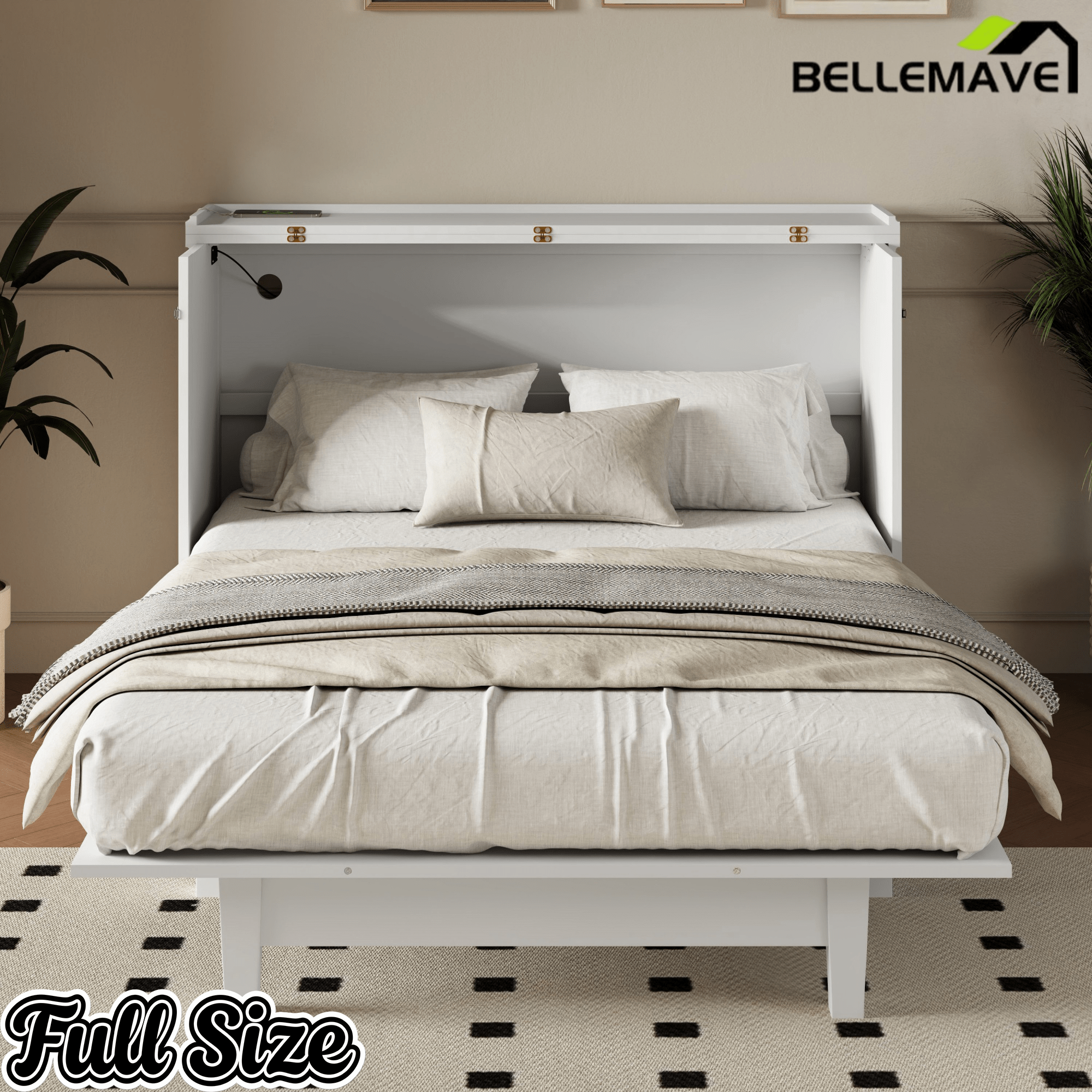 Bellemave® Queen Murphy Bed with Charging Station, Solid Wood Murphy Cabinet Bed with Large Drawers for Living Room, Bedroom, Apartment, White - Bellemave