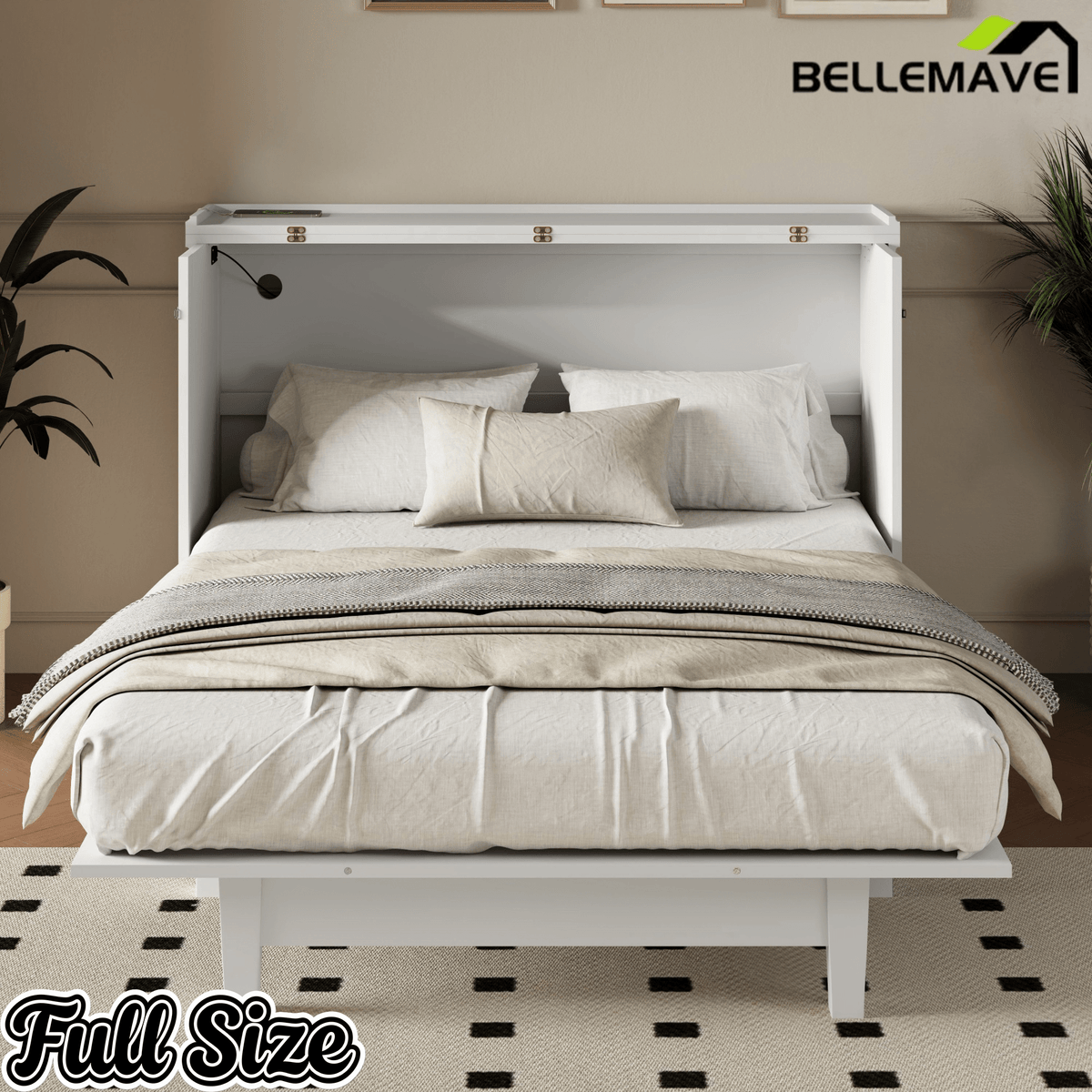 Bellemave® Queen Murphy Bed with Charging Station, Solid Wood Murphy Cabinet Bed with Large Drawers for Living Room, Bedroom, Apartment, White - Bellemave