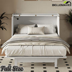 Bellemave® Queen Murphy Bed with Charging Station, Solid Wood Murphy Cabinet Bed with Large Drawers for Living Room, Bedroom, Apartment, White - Bellemave