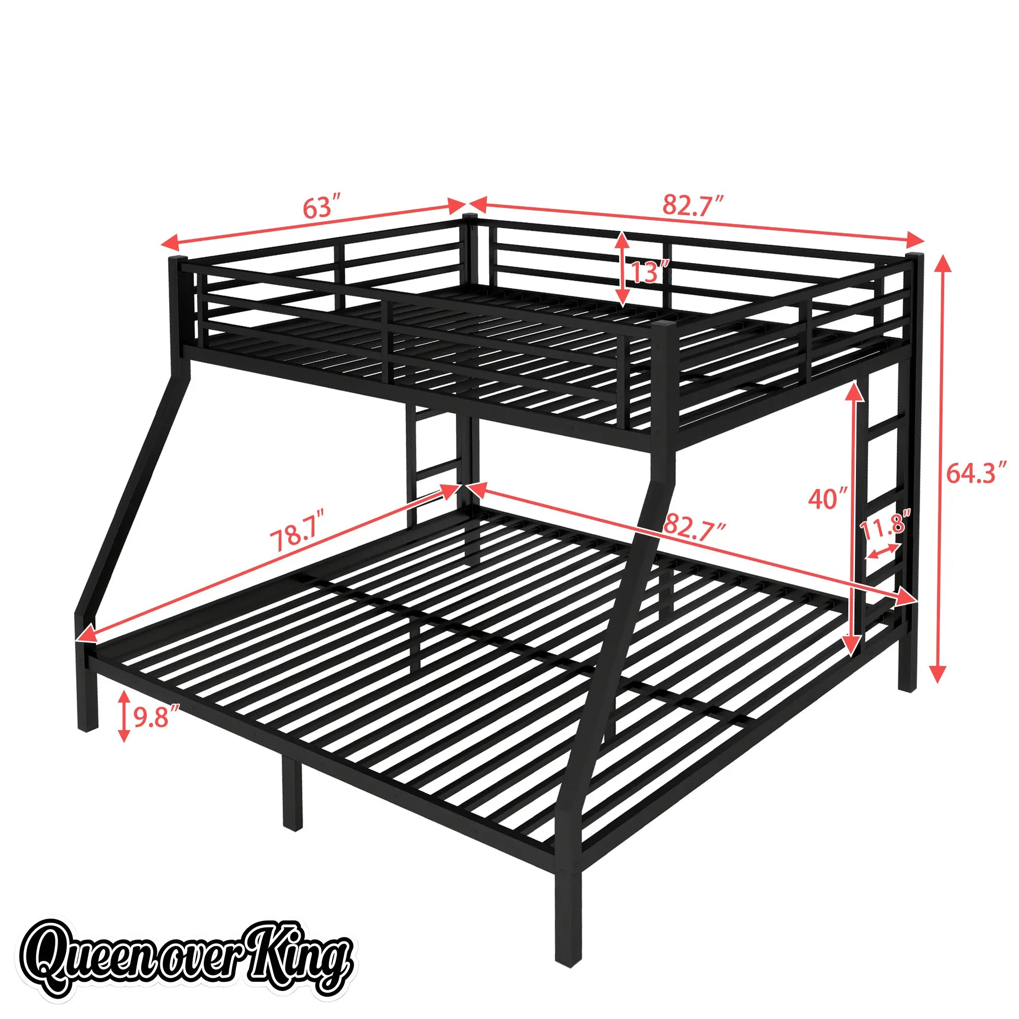 Bellemave® Queen Over King Bunk Beds Frame for Teens and Adults with 2 Side Ladder and Full Length Guardrail - Bellemave