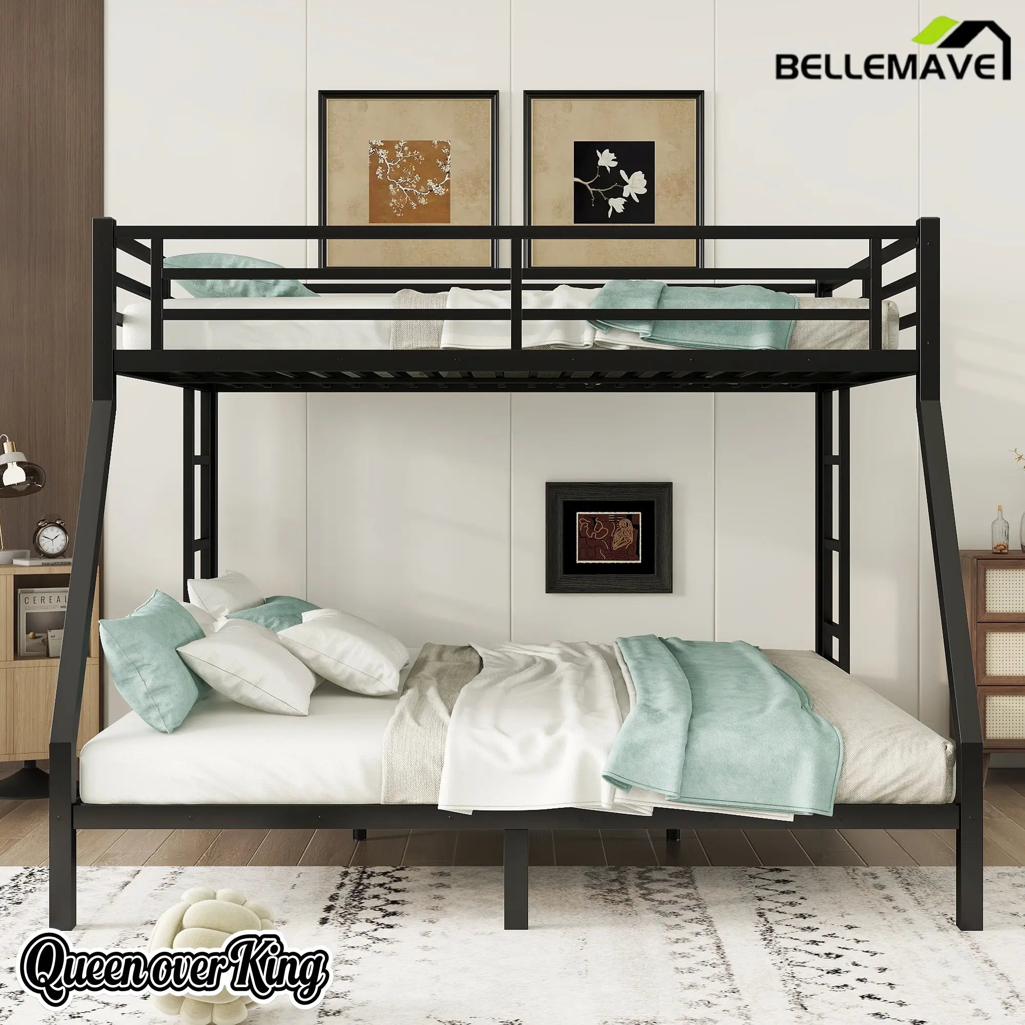 Bellemave® Queen Over King Bunk Beds Frame for Teens and Adults with 2 Side Ladder and Full Length Guardrail - Bellemave