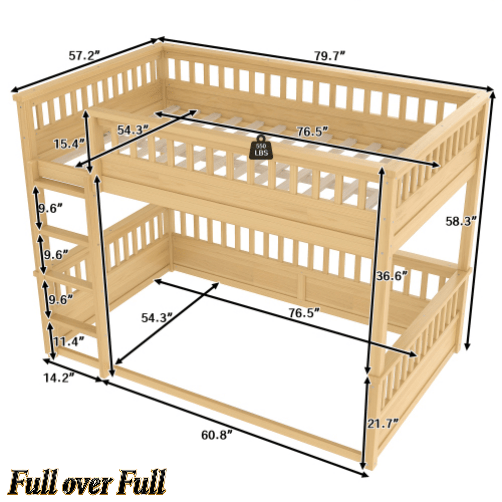 Bellemave® Queen Over Queen Bunk Bed for Kids/Adults,Floor Bunk Beds with Inclined Ladder,Solid Wood Low Bunk Bed for Teens,Girls,Boys, Detachable,White - Bellemave