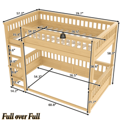 Bellemave® Queen Over Queen Bunk Bed for Kids/Adults,Floor Bunk Beds with Inclined Ladder,Solid Wood Low Bunk Bed for Teens,Girls,Boys, Detachable,White - Bellemave