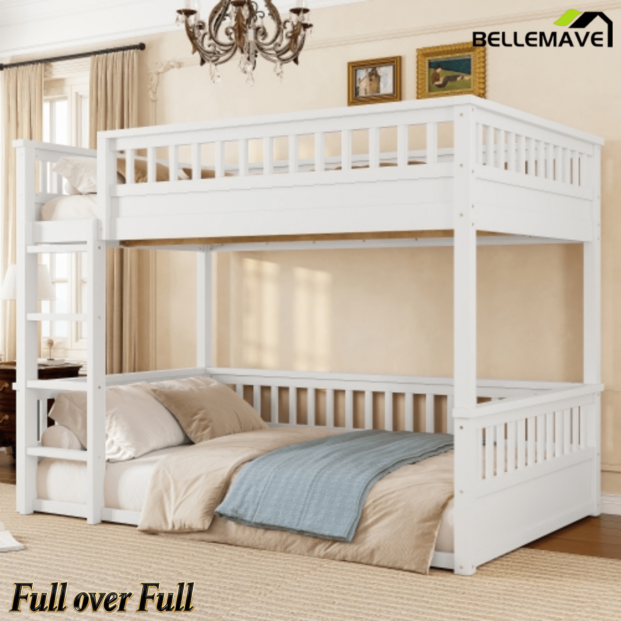 Bellemave® Queen Over Queen Bunk Bed for Kids/Adults,Floor Bunk Beds with Inclined Ladder,Solid Wood Low Bunk Bed for Teens,Girls,Boys, Detachable,White - Bellemave