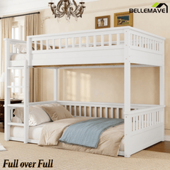 Bellemave® Queen Over Queen Bunk Bed for Kids/Adults,Floor Bunk Beds with Inclined Ladder,Solid Wood Low Bunk Bed for Teens,Girls,Boys, Detachable,White - Bellemave