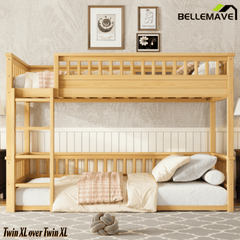Bellemave® Queen Over Queen Bunk Bed for Kids/Adults,Floor Bunk Beds with Inclined Ladder,Solid Wood Low Bunk Bed for Teens,Girls,Boys, Detachable,White - Bellemave