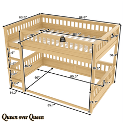 Bellemave® Queen Over Queen Bunk Bed for Kids/Adults,Floor Bunk Beds with Inclined Ladder,Solid Wood Low Bunk Bed for Teens,Girls,Boys, Detachable,White - Bellemave