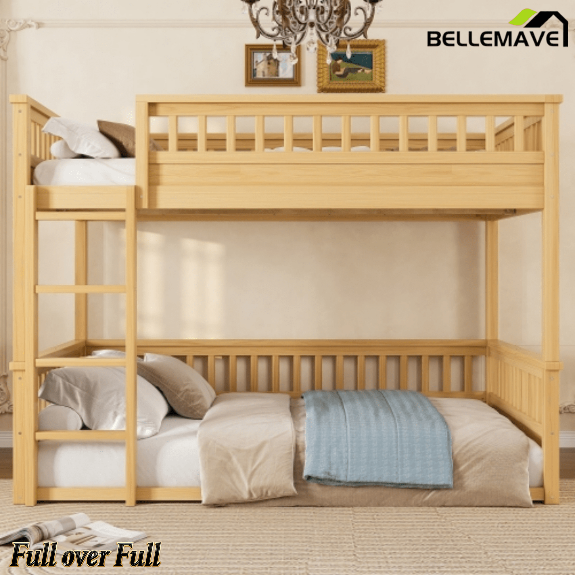 Bellemave® Queen Over Queen Bunk Bed for Kids/Adults,Floor Bunk Beds with Inclined Ladder,Solid Wood Low Bunk Bed for Teens,Girls,Boys, Detachable,White - Bellemave
