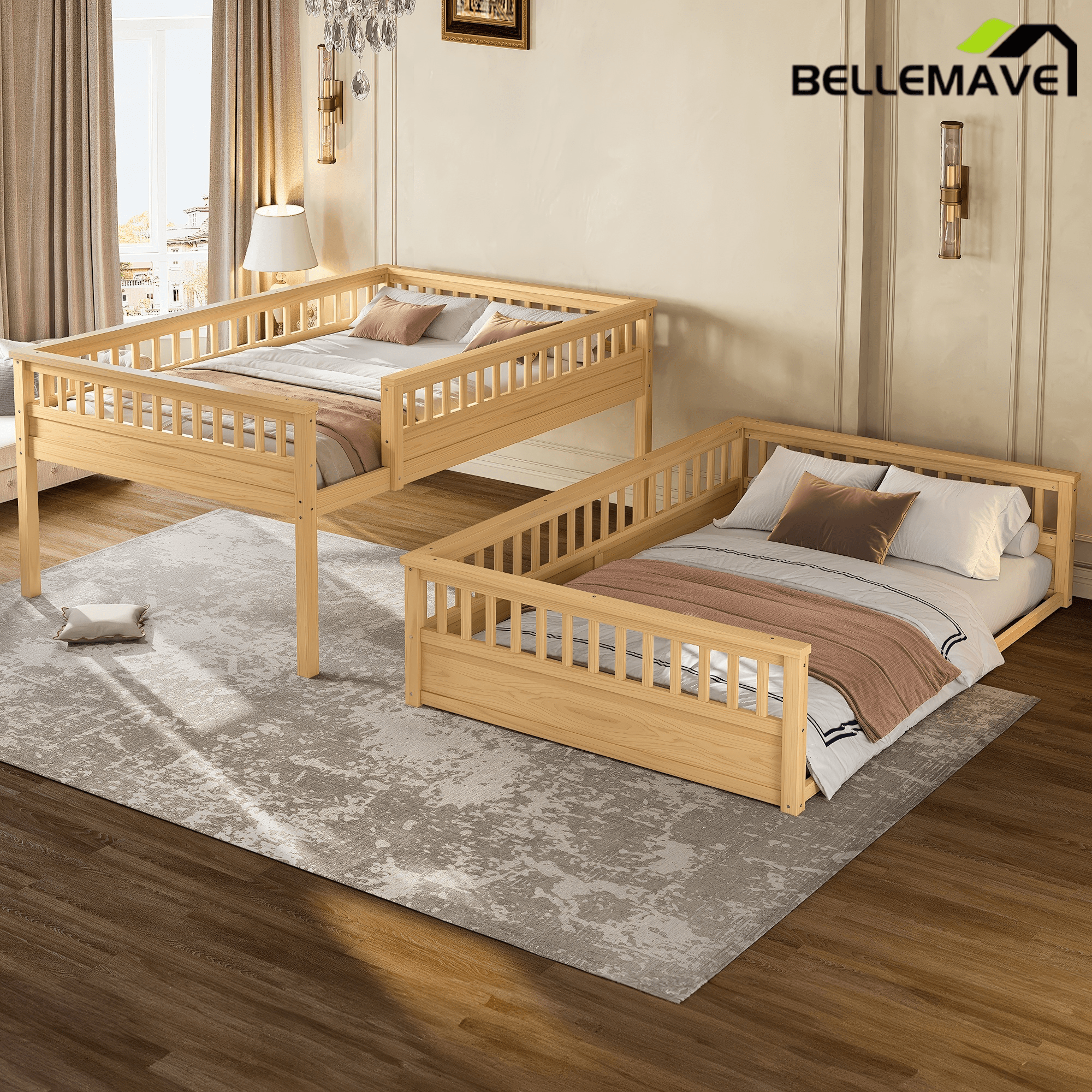 Bellemave® Queen Over Queen Bunk Bed for Kids/Adults,Floor Bunk Beds with Inclined Ladder,Solid Wood Low Bunk Bed for Teens,Girls,Boys, Detachable,White - Bellemave