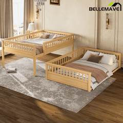 Bellemave® Queen Over Queen Bunk Bed for Kids/Adults,Floor Bunk Beds with Inclined Ladder,Solid Wood Low Bunk Bed for Teens,Girls,Boys, Detachable,White - Bellemave