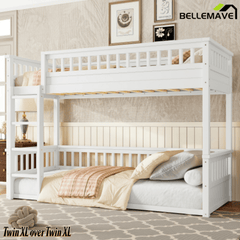 Bellemave® Queen Over Queen Bunk Bed for Kids/Adults,Floor Bunk Beds with Inclined Ladder,Solid Wood Low Bunk Bed for Teens,Girls,Boys, Detachable,White - Bellemave