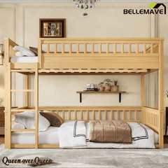 Bellemave® Queen Over Queen Bunk Bed for Kids/Adults,Floor Bunk Beds with Inclined Ladder,Solid Wood Low Bunk Bed for Teens,Girls,Boys, Detachable,White - Bellemave