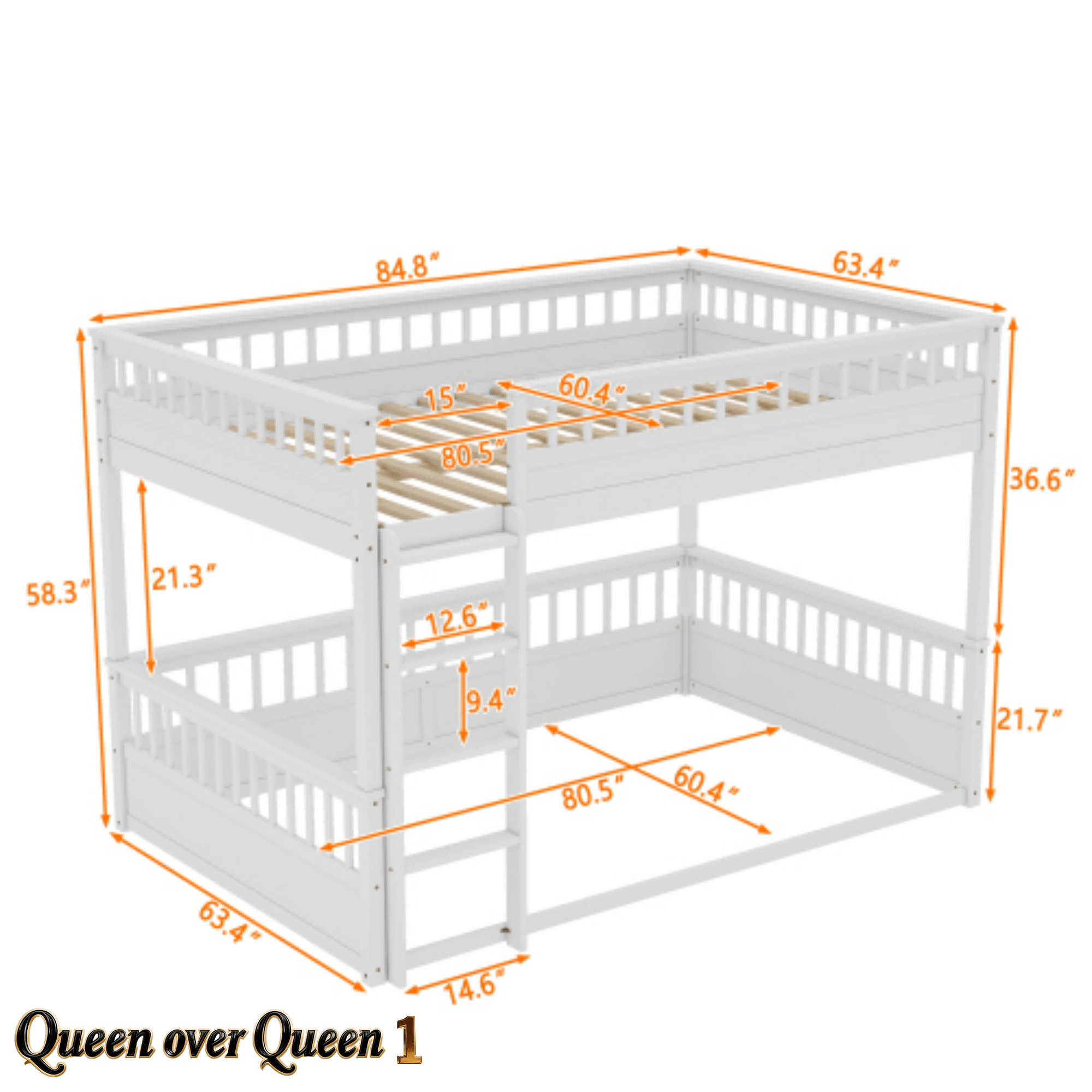 Bellemave® Queen Over Queen Bunk Bed for Kids/Adults,Floor Bunk Beds with Inclined Ladder,Solid Wood Low Bunk Bed for Teens,Girls,Boys, Detachable,White - Bellemave