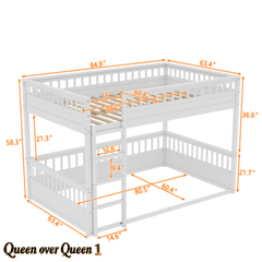 Bellemave® Queen Over Queen Bunk Bed for Kids/Adults,Floor Bunk Beds with Inclined Ladder,Solid Wood Low Bunk Bed for Teens,Girls,Boys, Detachable,White - Bellemave