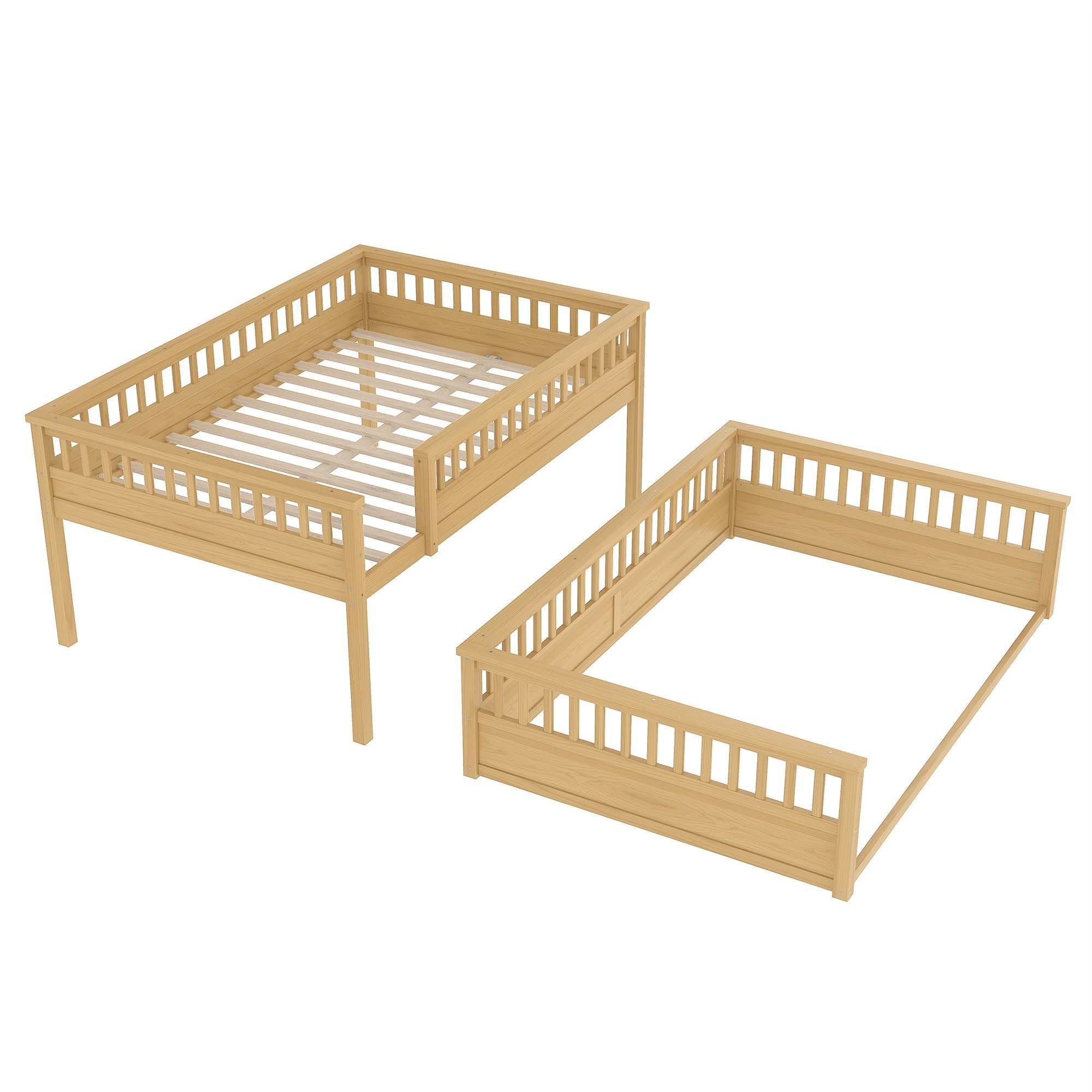 Bellemave® Queen Over Queen Bunk Bed for Kids/Adults,Floor Bunk Beds with Inclined Ladder,Solid Wood Low Bunk Bed for Teens,Girls,Boys, Detachable,White - Bellemave