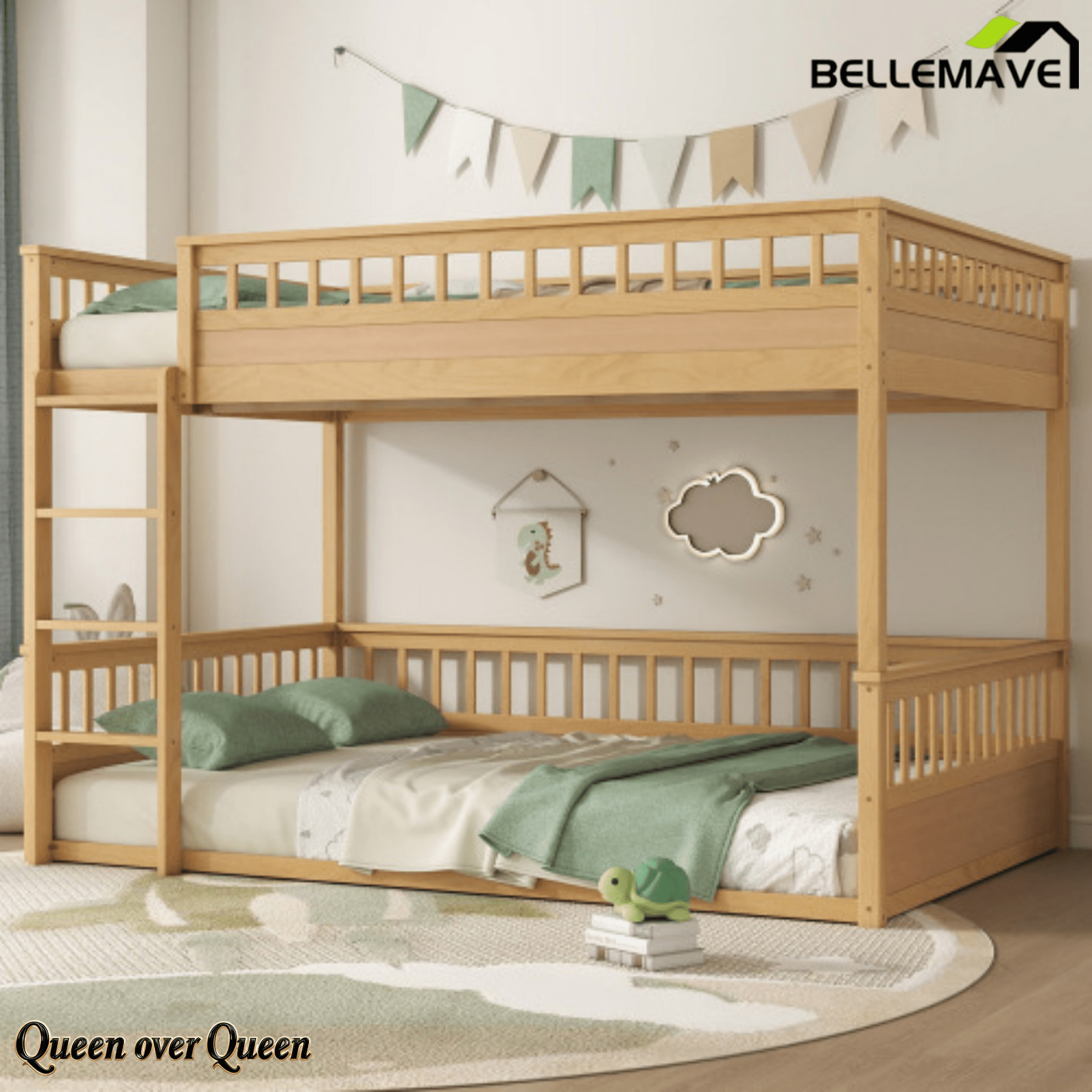 Bellemave® Queen Over Queen Bunk Bed for Kids/Adults,Floor Bunk Beds with Inclined Ladder,Solid Wood Low Bunk Bed for Teens,Girls,Boys, Detachable,White - Bellemave
