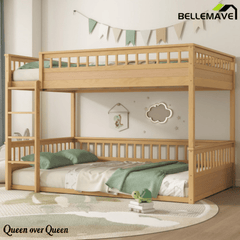 Bellemave® Queen Over Queen Bunk Bed for Kids/Adults,Floor Bunk Beds with Inclined Ladder,Solid Wood Low Bunk Bed for Teens,Girls,Boys, Detachable,White - Bellemave