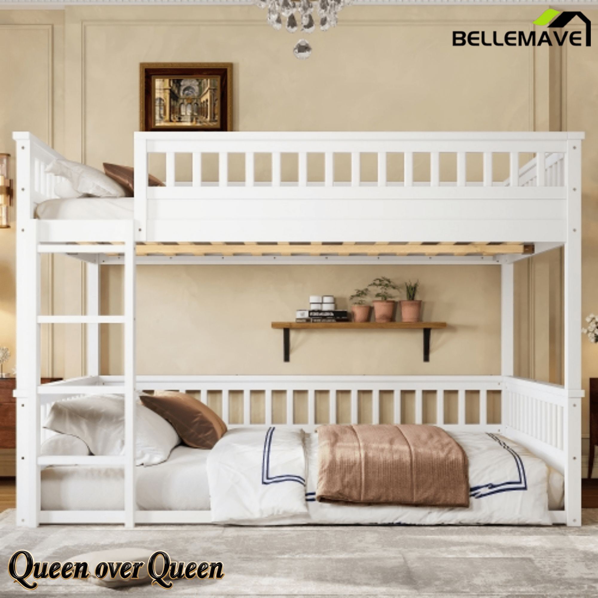 Bellemave® Queen Over Queen Bunk Bed for Kids/Adults,Floor Bunk Beds with Inclined Ladder,Solid Wood Low Bunk Bed for Teens,Girls,Boys, Detachable,White - Bellemave