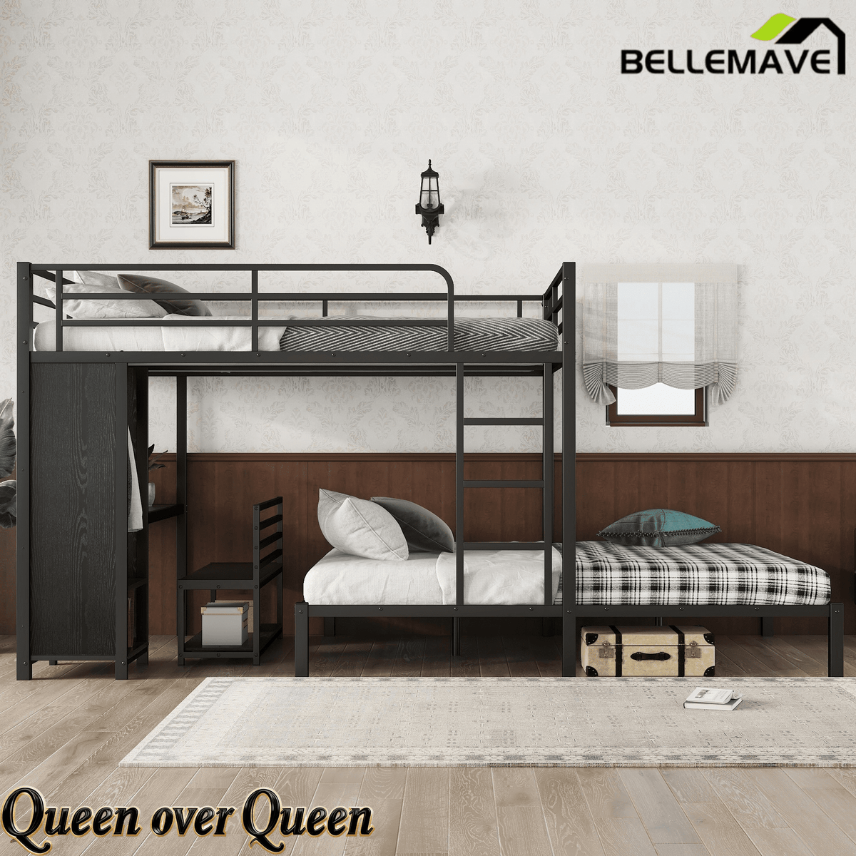 Bellemave® Queen Over Queen Bunk Bed with Desk and Wardrobe,Metal Bunk Bed Frame with Ladder ＆ Full - Length Guardrails for Adults and Kids, Noise Free, Black - Bellemave