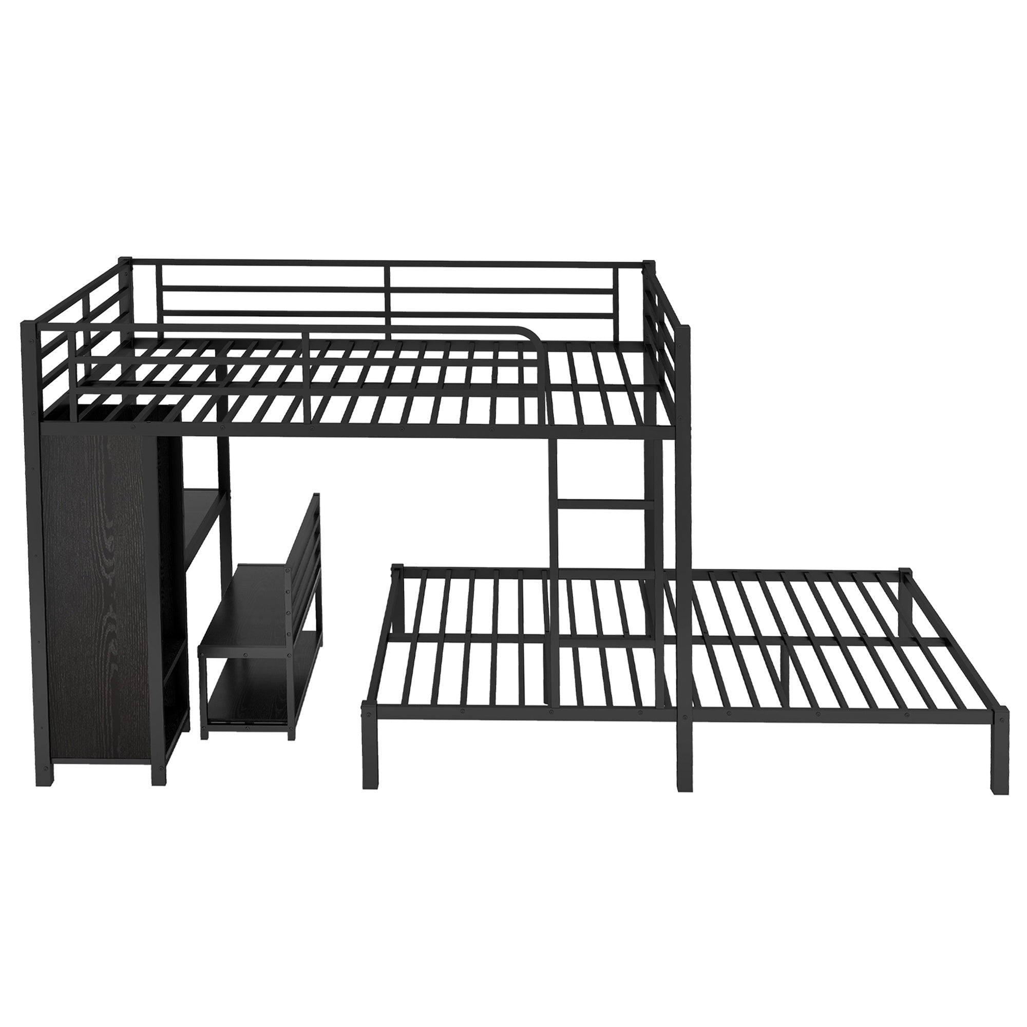 Bellemave® Queen Over Queen Bunk Bed with Desk and Wardrobe,Metal Bunk Bed Frame with Ladder ＆ Full - Length Guardrails for Adults and Kids, Noise Free, Black - Bellemave