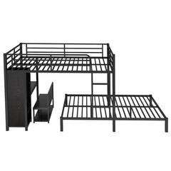Bellemave® Queen Over Queen Bunk Bed with Desk and Wardrobe,Metal Bunk Bed Frame with Ladder ＆ Full - Length Guardrails for Adults and Kids, Noise Free, Black - Bellemave