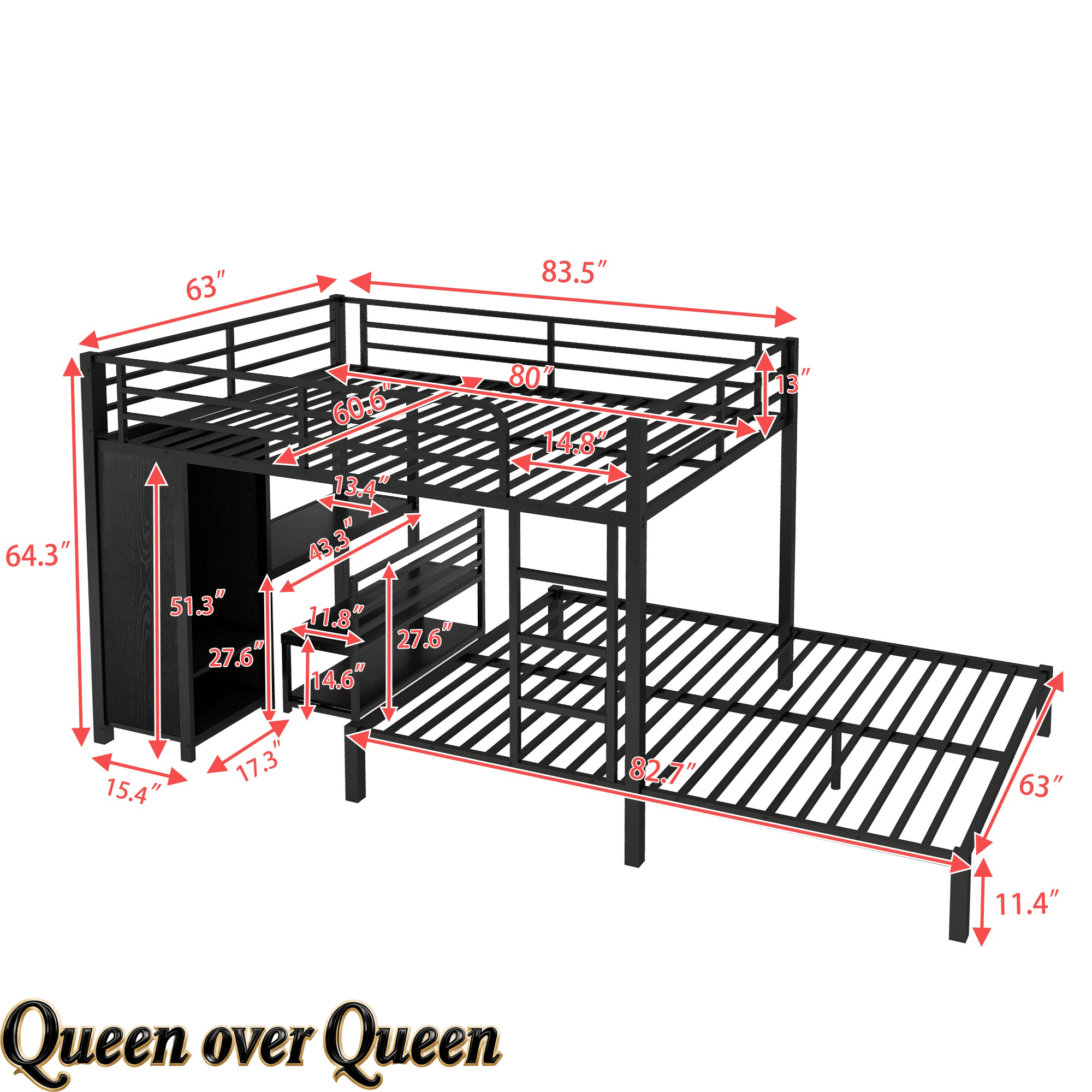 Bellemave® Queen Over Queen Bunk Bed with Desk and Wardrobe,Metal Bunk Bed Frame with Ladder ＆ Full - Length Guardrails for Adults and Kids, Noise Free, Black - Bellemave