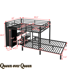 Bellemave® Queen Over Queen Bunk Bed with Desk and Wardrobe,Metal Bunk Bed Frame with Ladder ＆ Full - Length Guardrails for Adults and Kids, Noise Free, Black - Bellemave