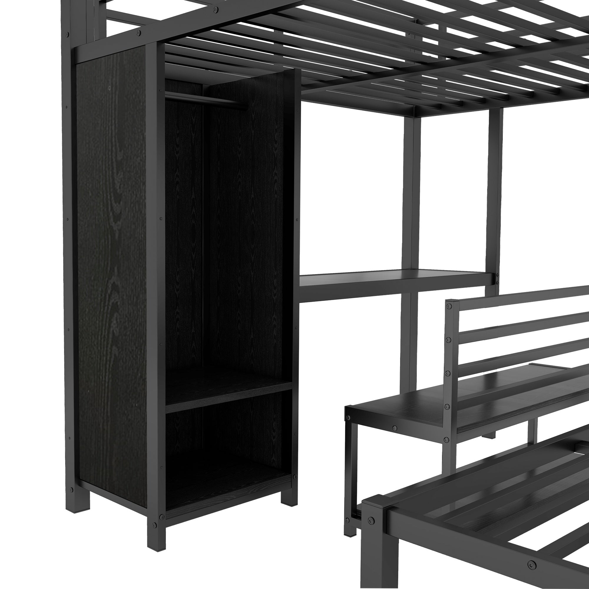 Bellemave® Queen Over Queen Bunk Bed with Desk and Wardrobe,Metal Bunk Bed Frame with Ladder ＆ Full - Length Guardrails for Adults and Kids, Noise Free, Black - Bellemave