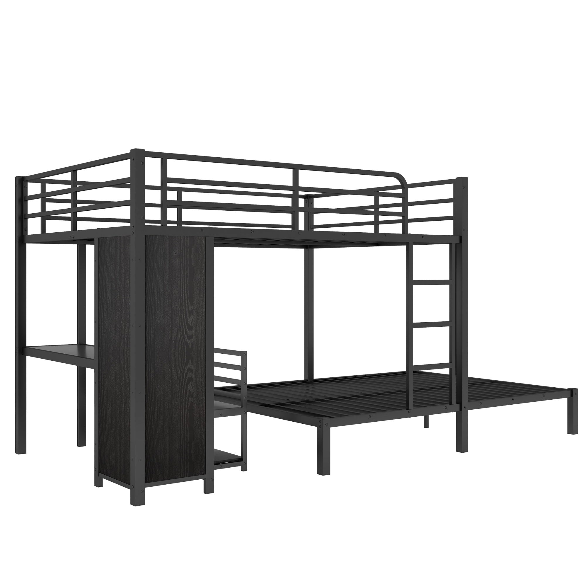 Bellemave® Queen Over Queen Bunk Bed with Desk and Wardrobe,Metal Bunk Bed Frame with Ladder ＆ Full - Length Guardrails for Adults and Kids, Noise Free, Black - Bellemave