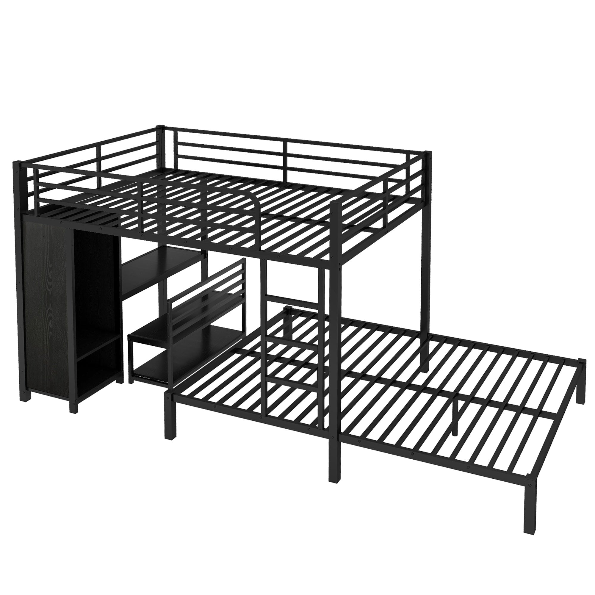 Bellemave® Queen Over Queen Bunk Bed with Desk and Wardrobe,Metal Bunk Bed Frame with Ladder ＆ Full - Length Guardrails for Adults and Kids, Noise Free, Black - Bellemave