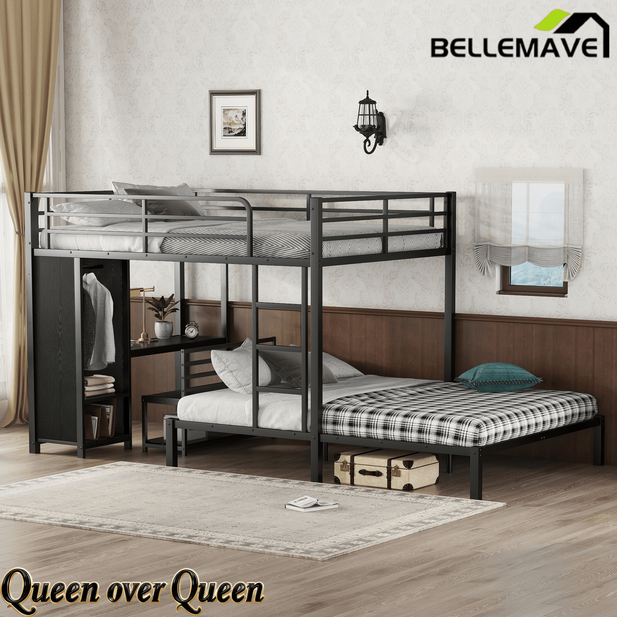 Bellemave® Queen Over Queen Bunk Bed with Desk and Wardrobe,Metal Bunk Bed Frame with Ladder ＆ Full - Length Guardrails for Adults and Kids, Noise Free, Black - Bellemave
