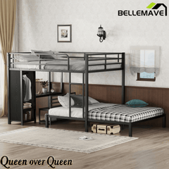 Bellemave® Queen Over Queen Bunk Bed with Desk and Wardrobe,Metal Bunk Bed Frame with Ladder ＆ Full - Length Guardrails for Adults and Kids, Noise Free, Black - Bellemave