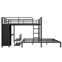 Bellemave® Queen Over Queen Bunk Bed with Desk and Wardrobe,Metal Bunk Bed Frame with Ladder ＆ Full - Length Guardrails for Adults and Kids, Noise Free, Black - Bellemave