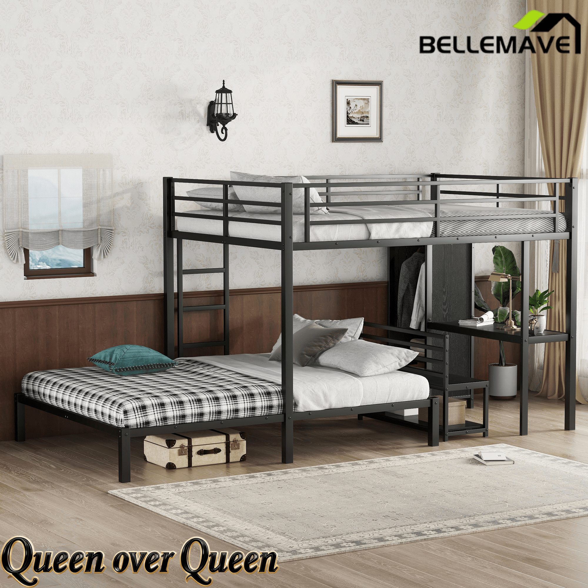 Bellemave® Queen Over Queen Bunk Bed with Desk and Wardrobe,Metal Bunk Bed Frame with Ladder ＆ Full - Length Guardrails for Adults and Kids, Noise Free, Black - Bellemave