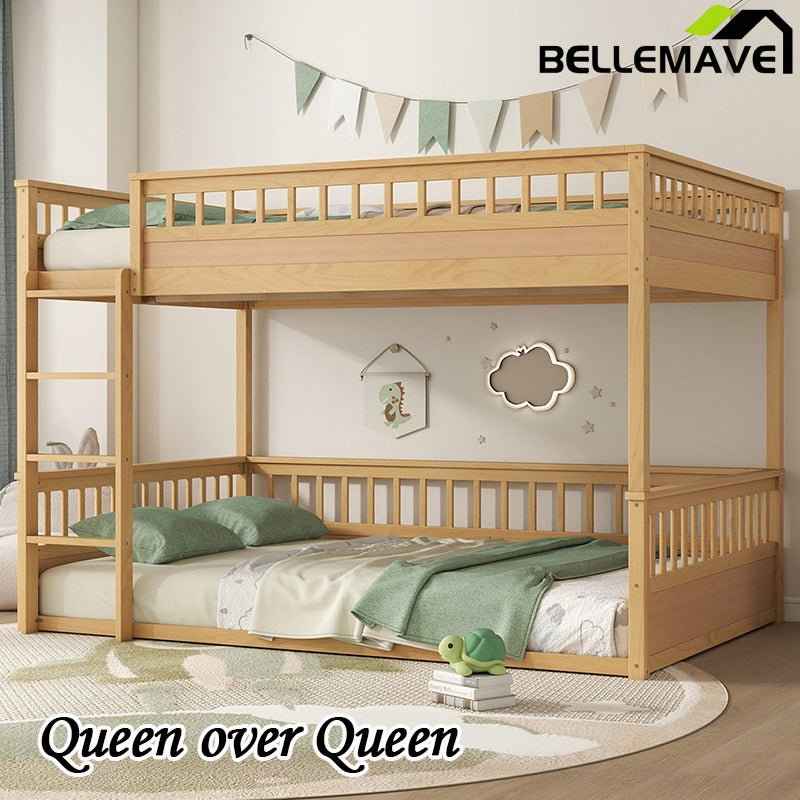 Bellemave® Queen over Queen Bunk Bed with Ladder and Guardrails - Bellemave