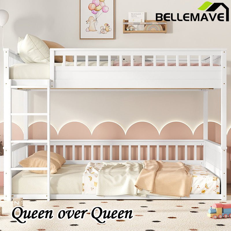 Bellemave® Queen over Queen Bunk Bed with Ladder and Guardrails - Bellemave