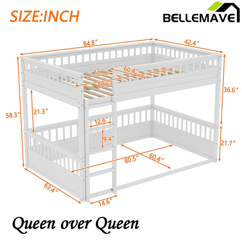 Bellemave® Queen over Queen Bunk Bed with Ladder and Guardrails - Bellemave