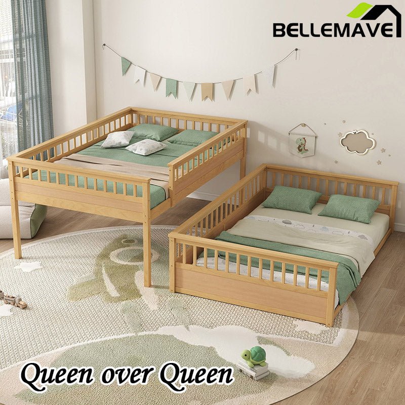 Bellemave® Queen over Queen Bunk Bed with Ladder and Guardrails - Bellemave