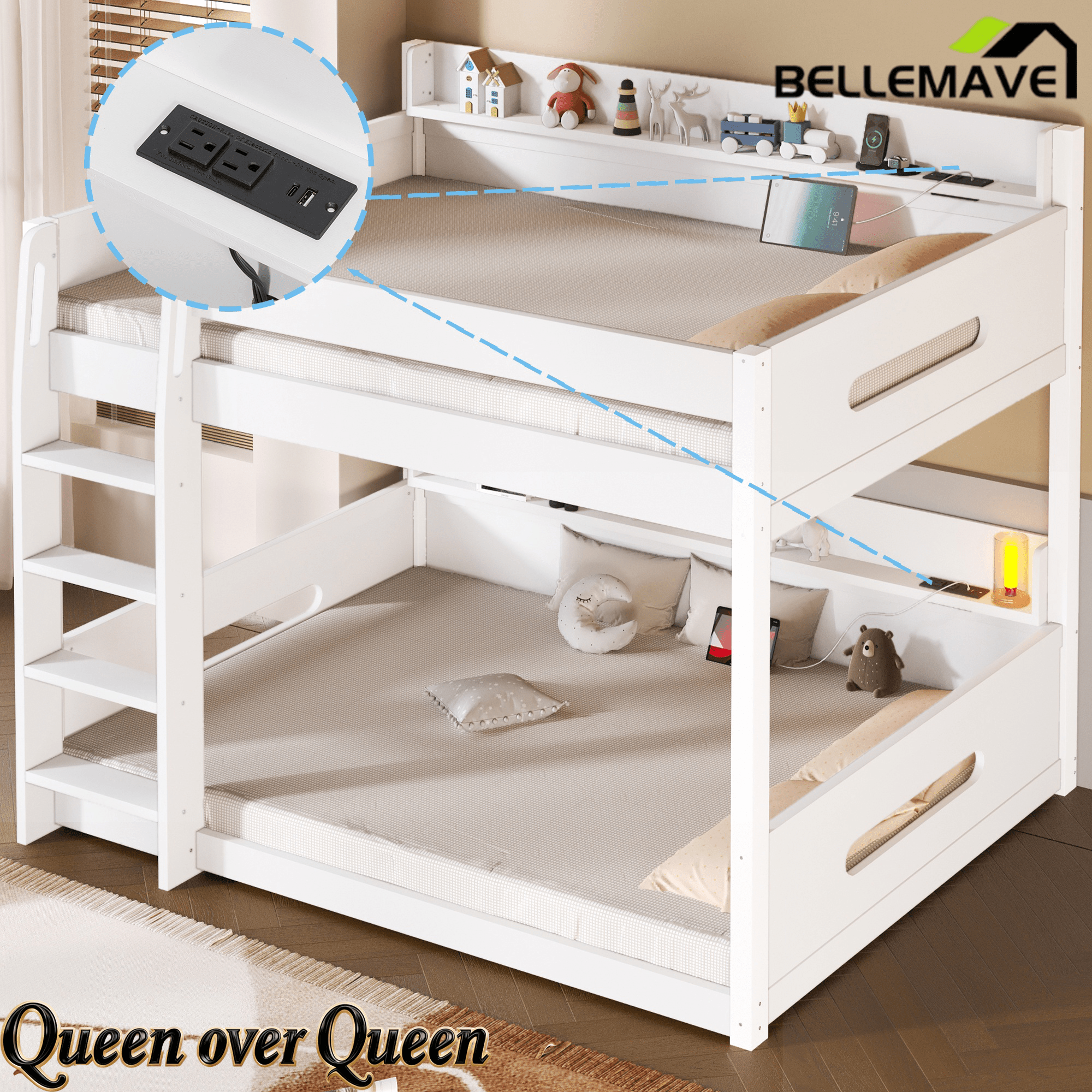 Bellemave® Queen Over Queen Bunk Bed with Storage Shelves, Plug Outlets, USB Ports & Guardrails - Bellemave