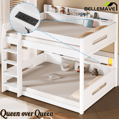 Bellemave® Queen Over Queen Bunk Bed with Storage Shelves, Plug Outlets, USB Ports & Guardrails - Bellemave