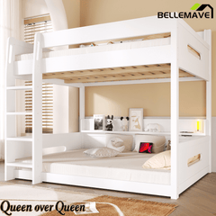 Bellemave® Queen Over Queen Bunk Bed with Storage Shelves, Plug Outlets, USB Ports & Guardrails - Bellemave