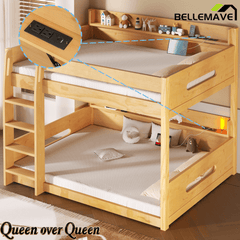 Bellemave® Queen Over Queen Bunk Bed with Storage Shelves, Plug Outlets, USB Ports & Guardrails - Bellemave