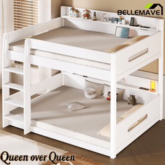 Bellemave® Queen Over Queen Bunk Bed with Storage Shelves, Plug Outlets, USB Ports & Guardrails - Bellemave