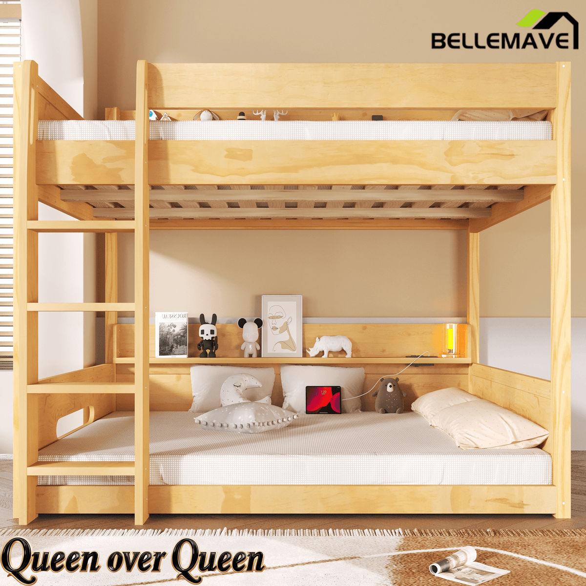 Bellemave® Queen Over Queen Bunk Bed with Storage Shelves, Plug Outlets, USB Ports & Guardrails - Bellemave