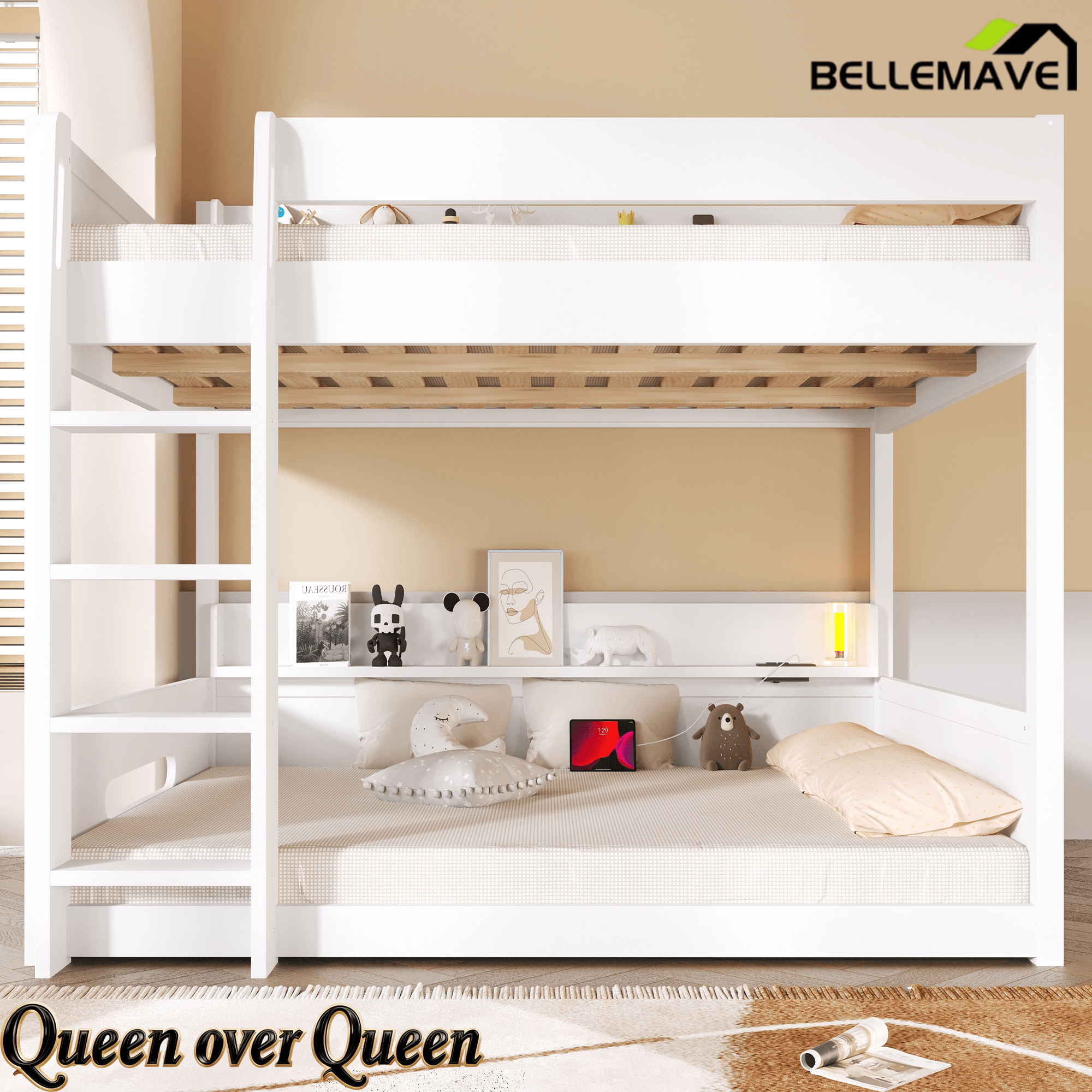 Bellemave® Queen Over Queen Bunk Bed with Storage Shelves, Plug Outlets, USB Ports & Guardrails - Bellemave