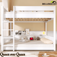 Bellemave® Queen Over Queen Bunk Bed with Storage Shelves, Plug Outlets, USB Ports & Guardrails - Bellemave