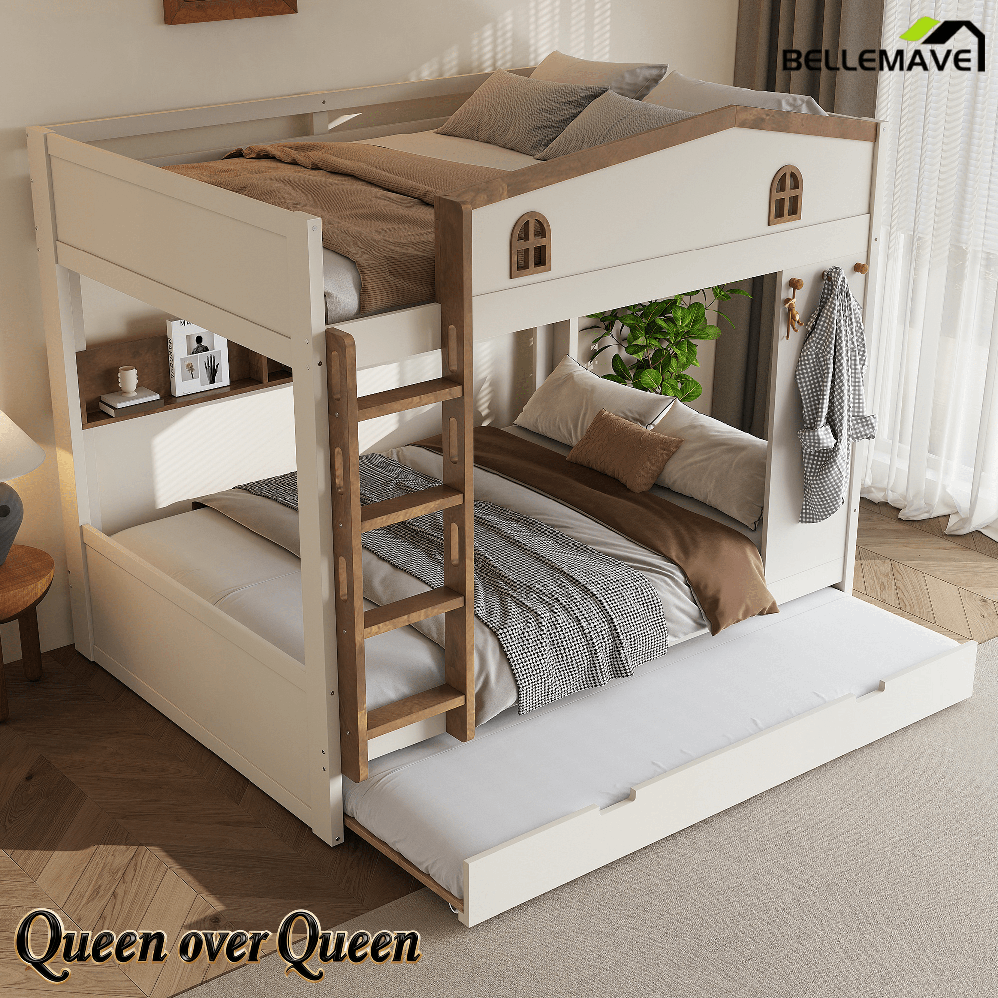 Bellemave® Queen Over Queen Bunk Bed with Trundle & Hooks, Wooden Floor Bunk Beds Frame with Storage Shelves & Ladder for Kids Teens, Black+Red - Bellemave