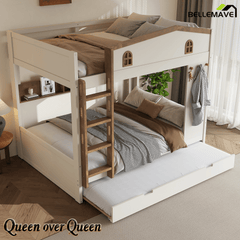 Bellemave® Queen Over Queen Bunk Bed with Trundle & Hooks, Wooden Floor Bunk Beds Frame with Storage Shelves & Ladder for Kids Teens, Black+Red - Bellemave